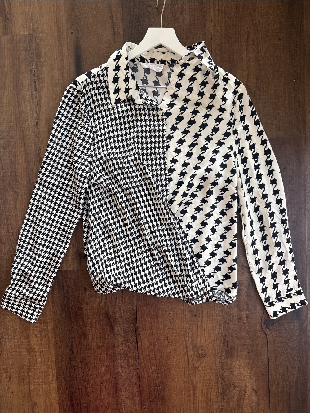 Black & White double pattern Houndstooth Patchwork Button-Up Shirt.